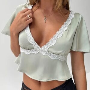 Princess Polly Light Green Lace Trim Blouse